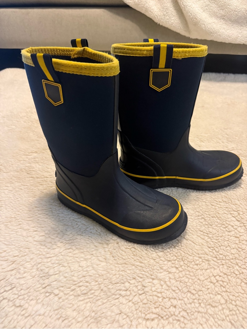 Lands End Youth Navy and Yellow Rain Boots - Waterproof Outdoor Boots